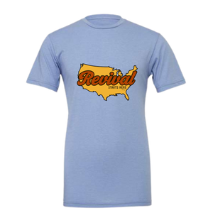 Heather Blue tshirt with Revival Starts Here overlaying the USA