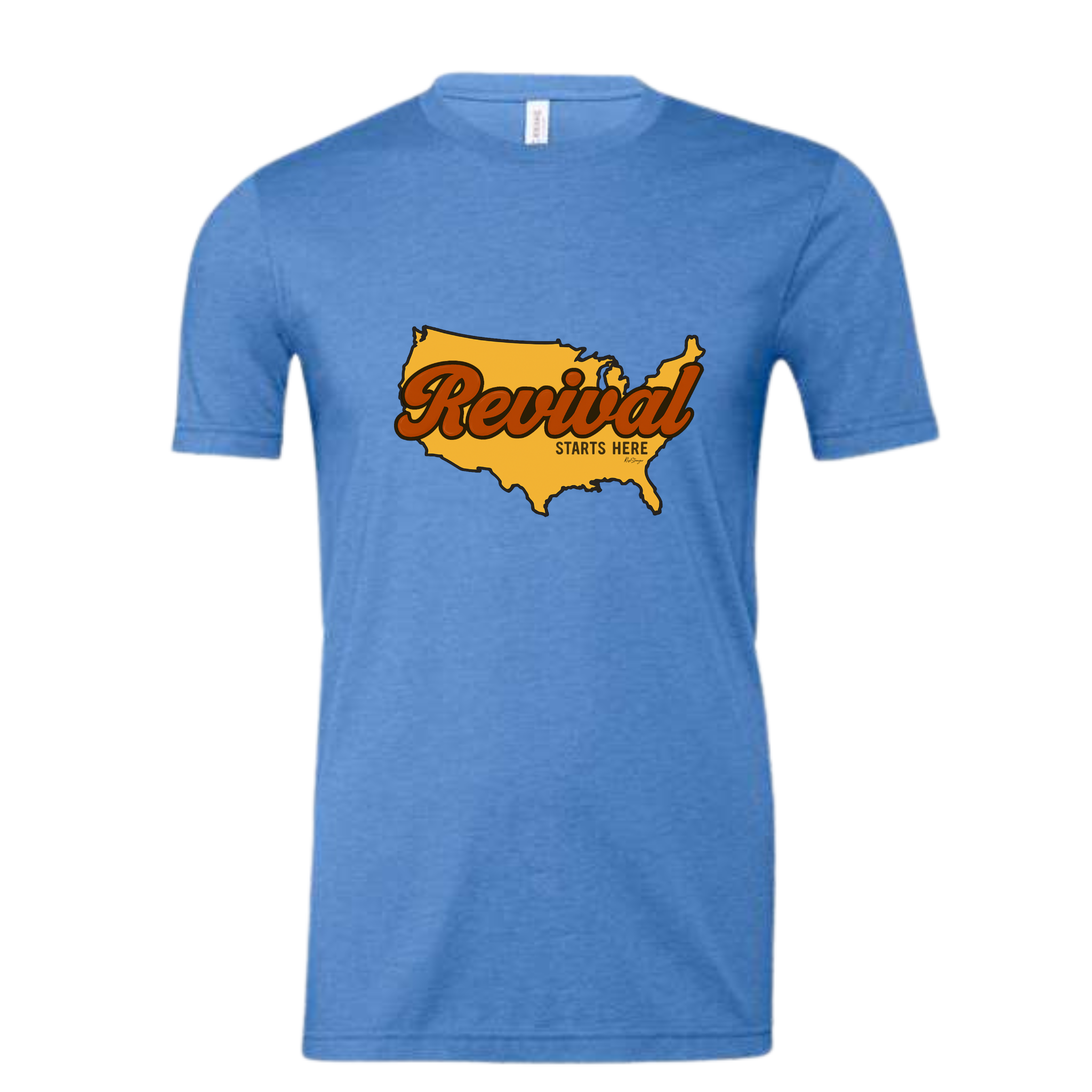 Heather Columbia Blue Christian t-shirt with a graphic of the United States overlayed by 'Revival Starts Here' text.