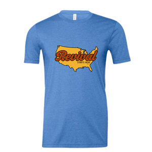 Heather Columbia Blue Christian t-shirt with a graphic of the United States overlayed by 'Revival Starts Here' text.