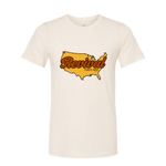 Heather Natural tee with Revival Starts Here overlaying the USA