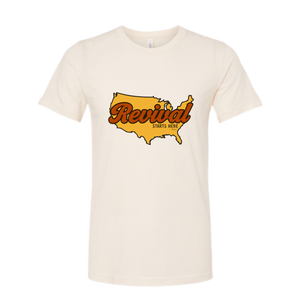 Heather Natural tee with Revival Starts Here overlaying the USA