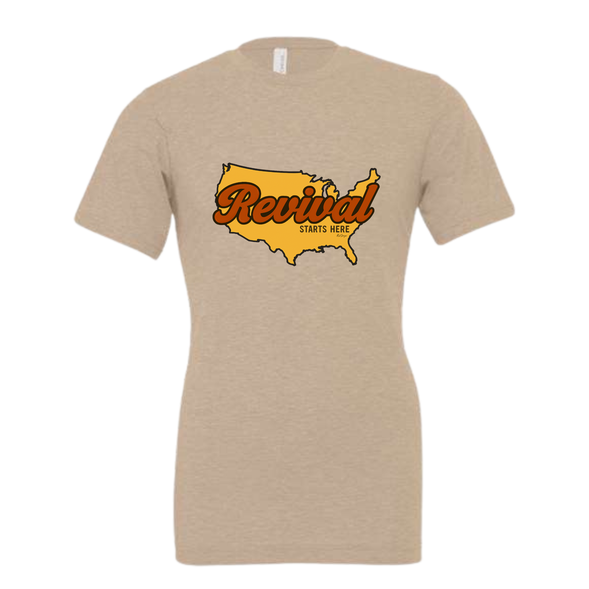 Beige t-shirt with a graphic of the United States and 'Revival Starts Here' text.