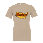 Beige t-shirt with a graphic of the United States and 'Revival Starts Here' text.