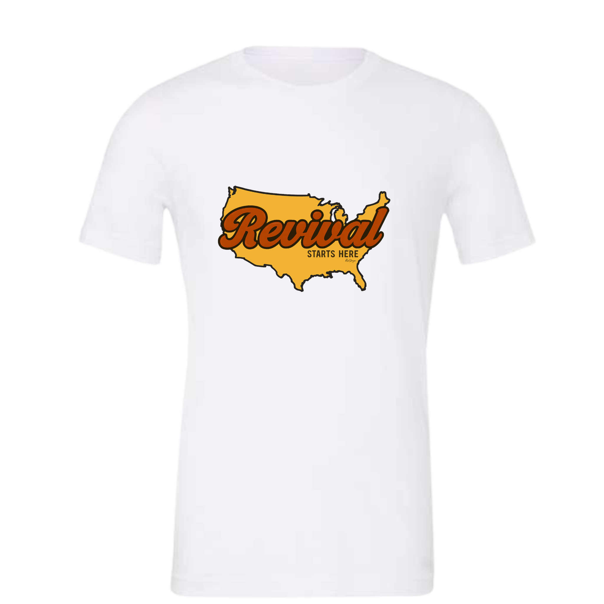 Classic white Christian tee with Revival Starts Here overlaying the USA