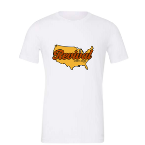 Classic white Christian tee with Revival Starts Here overlaying the USA