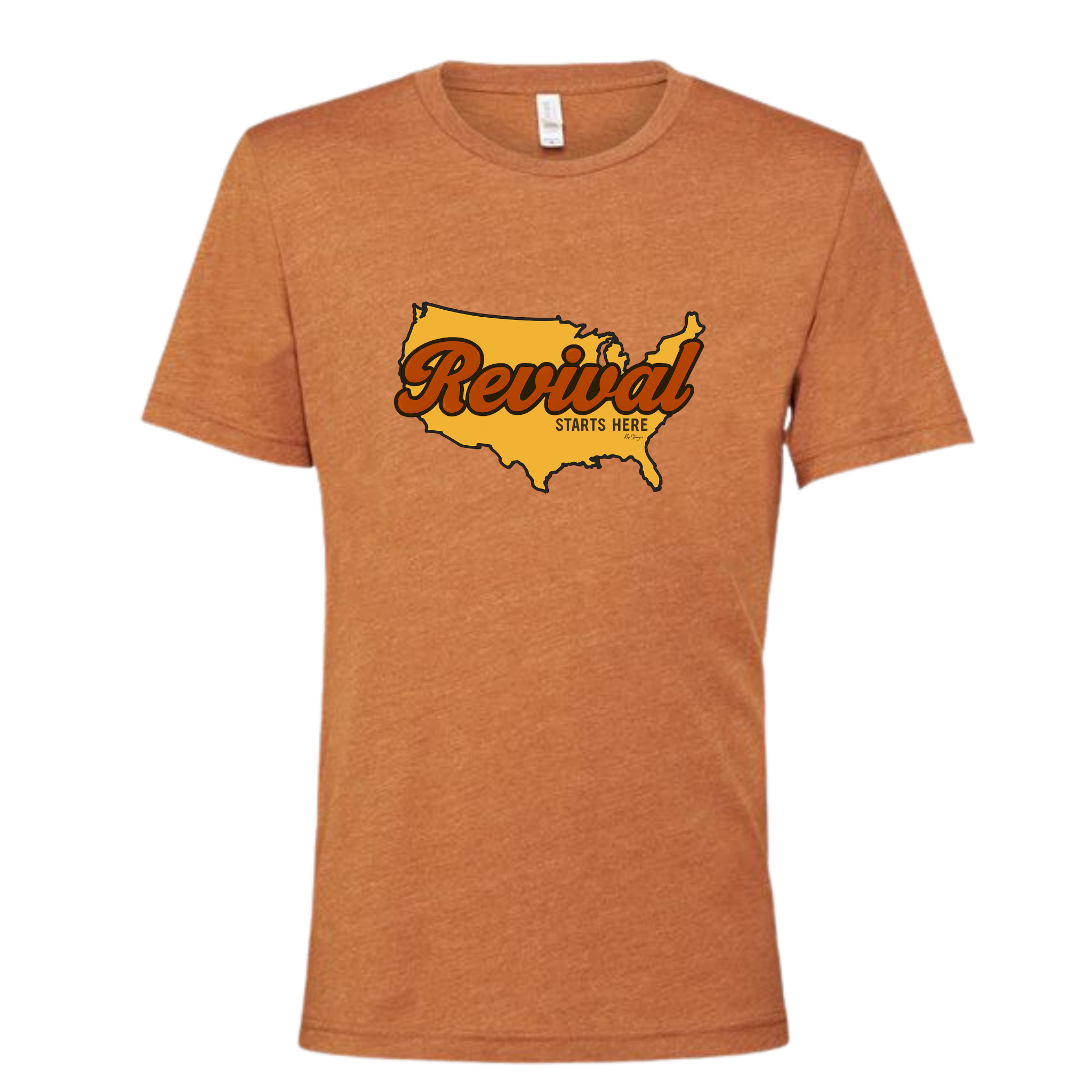 Heather Autumn colored tee with Christian message of Revival Starts Here overlaying a map of the USA
