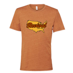 Heather Autumn colored tee with Christian message of Revival Starts Here overlaying a map of the USA