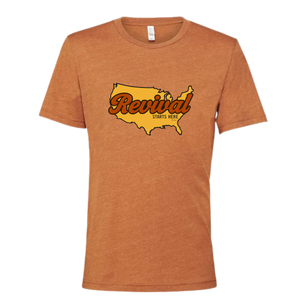 Heather Autumn colored tee with Christian message of Revival Starts Here overlaying a map of the USA