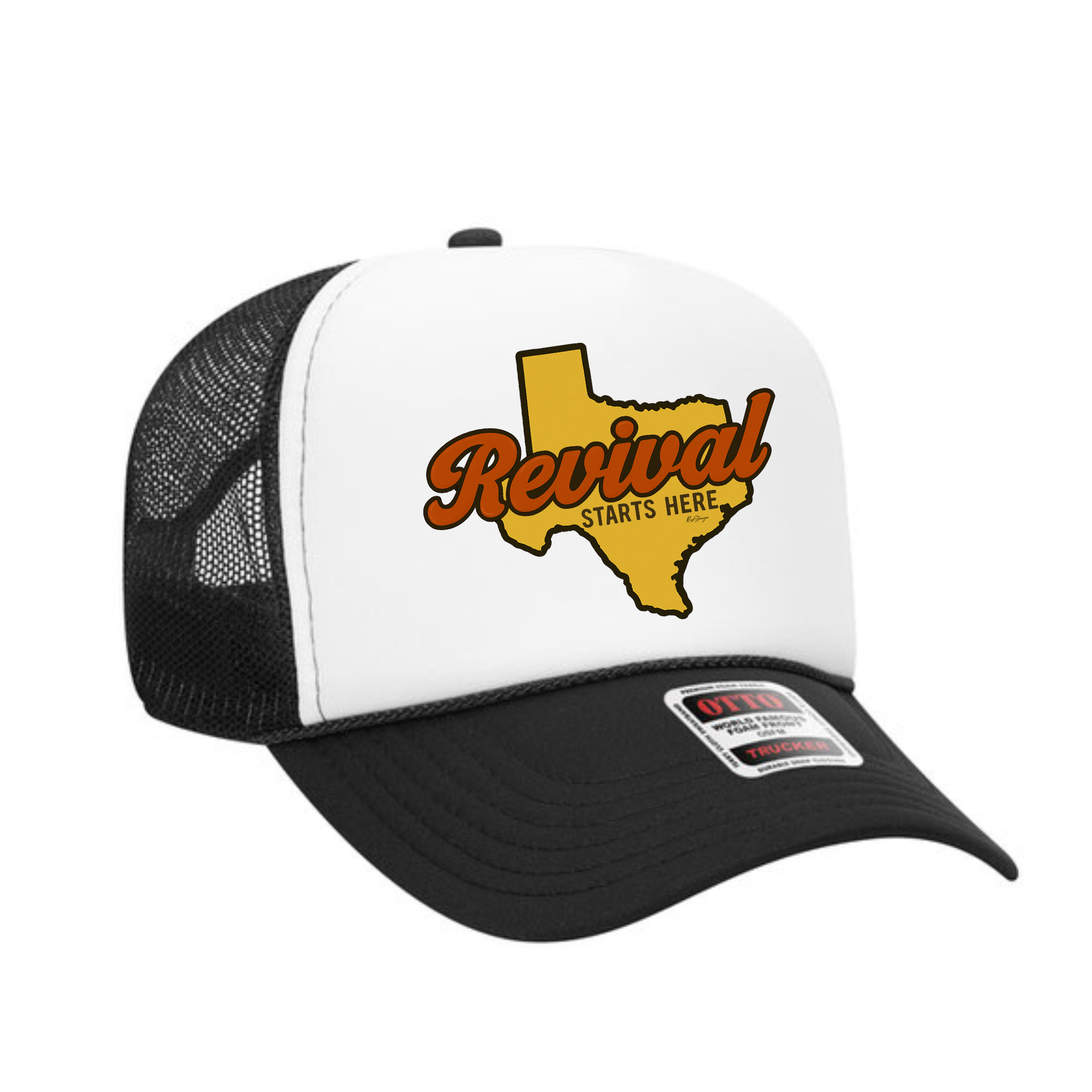 Black and white trucker hat with Texas design and 'Revival Starts Here' 