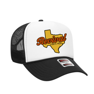Black and white trucker hat with Texas design and 'Revival Starts Here' 