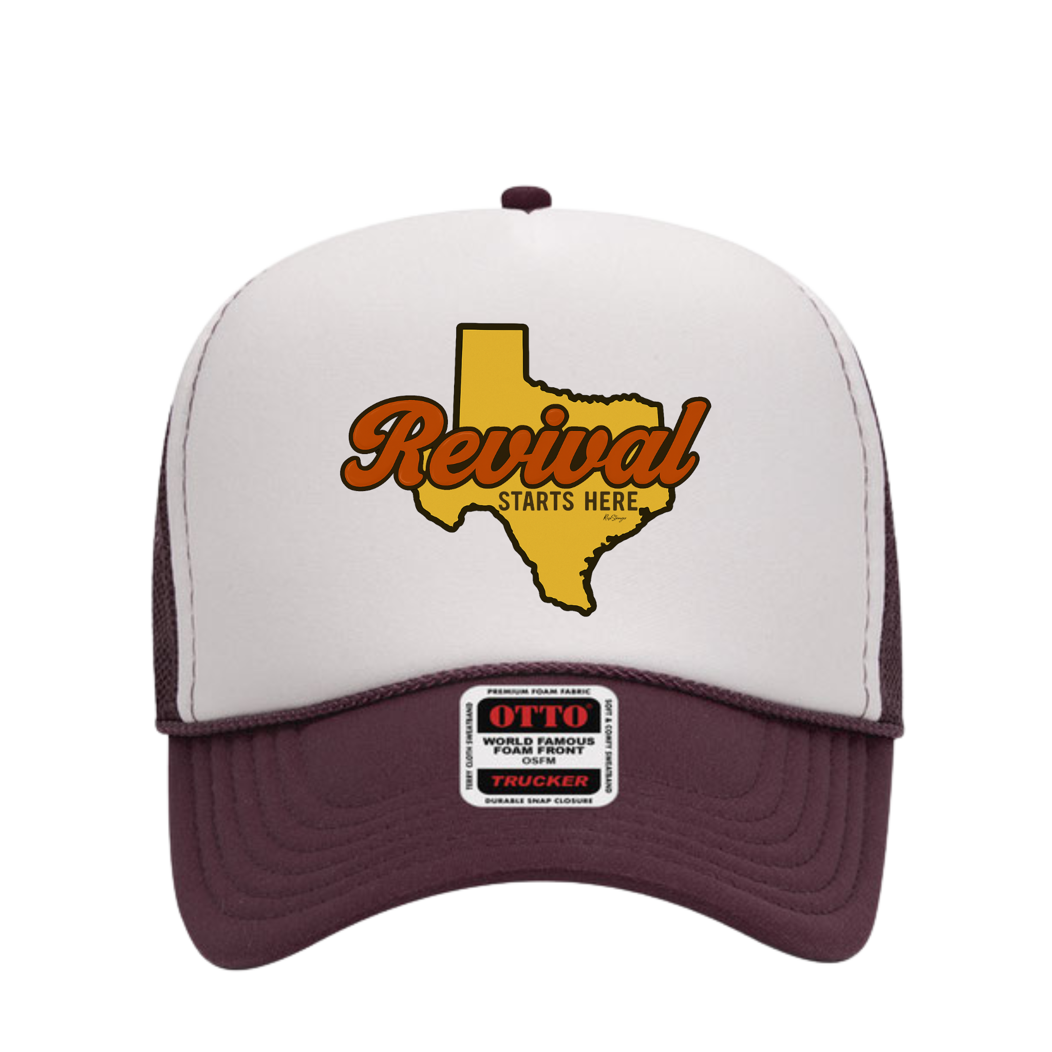 Black and white foam trucker hat with 'Revival Starts Here' overlaying the state of Texas.