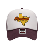 Black and white foam trucker hat with 'Revival Starts Here' overlaying the state of Texas.