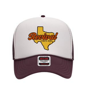 Black and white foam trucker hat with 'Revival Starts Here' overlaying the state of Texas.