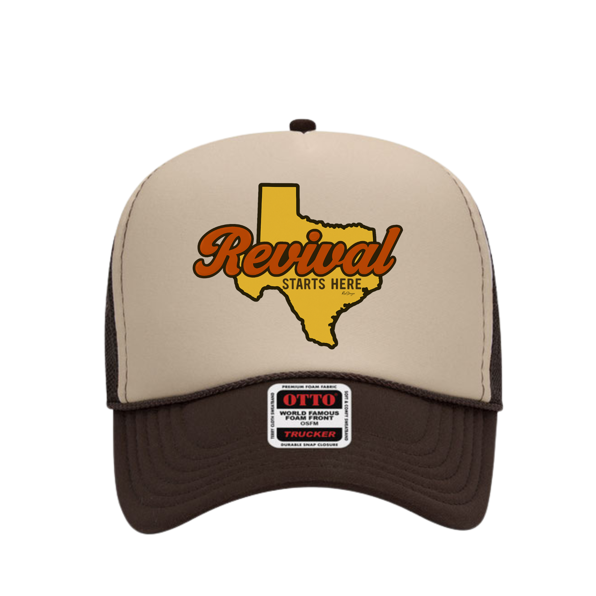 Brown and tan foam trucker hat with 'Revival Starts Here' overlaying the state of Texas.