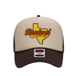 Brown and tan foam trucker hat with 'Revival Starts Here' overlaying the state of Texas.