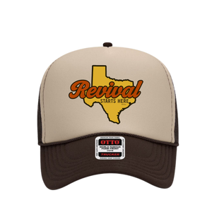 Brown and tan foam trucker hat with 'Revival Starts Here' overlaying the state of Texas.