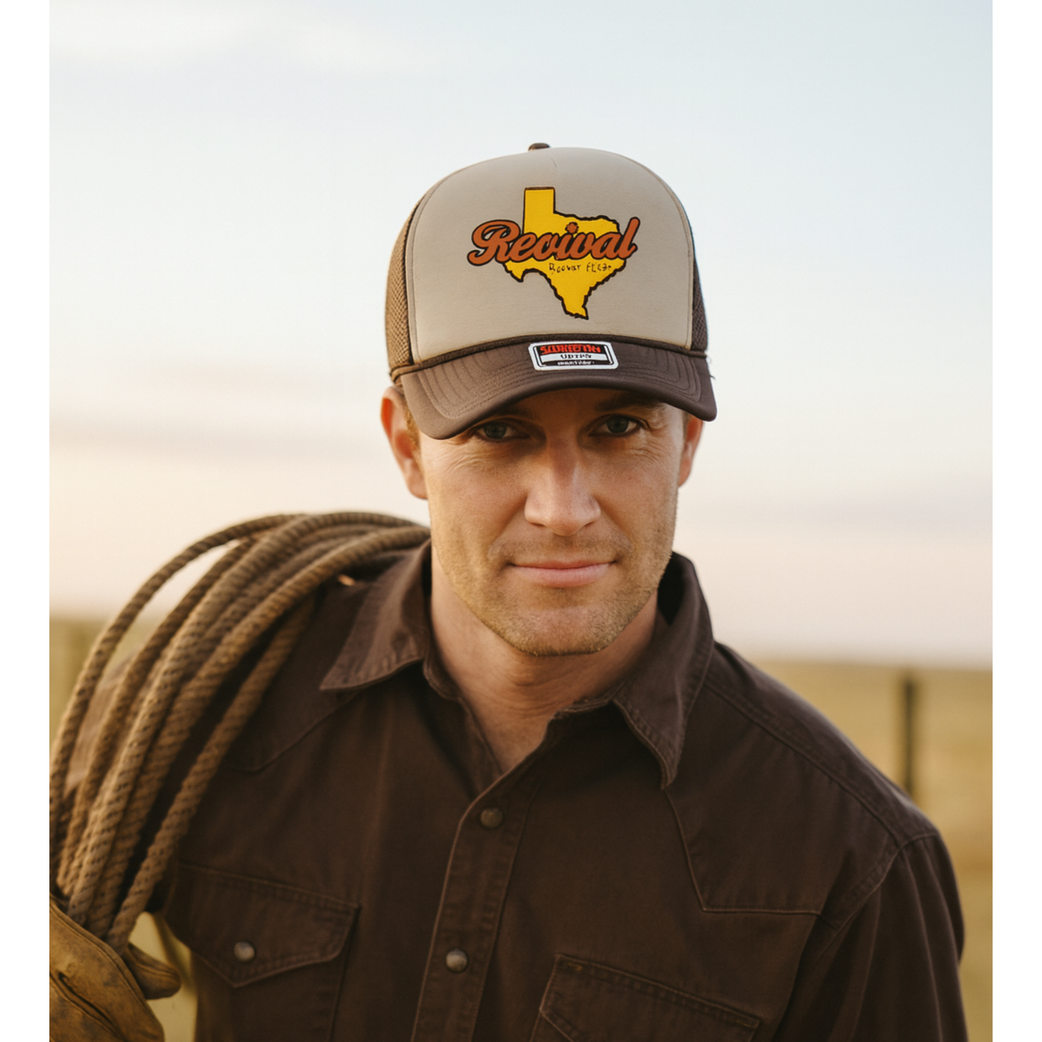 Cowboy wearing a brown and tan foam trucker hat with 'Revival Starts Here' overlaying the state of Texas.