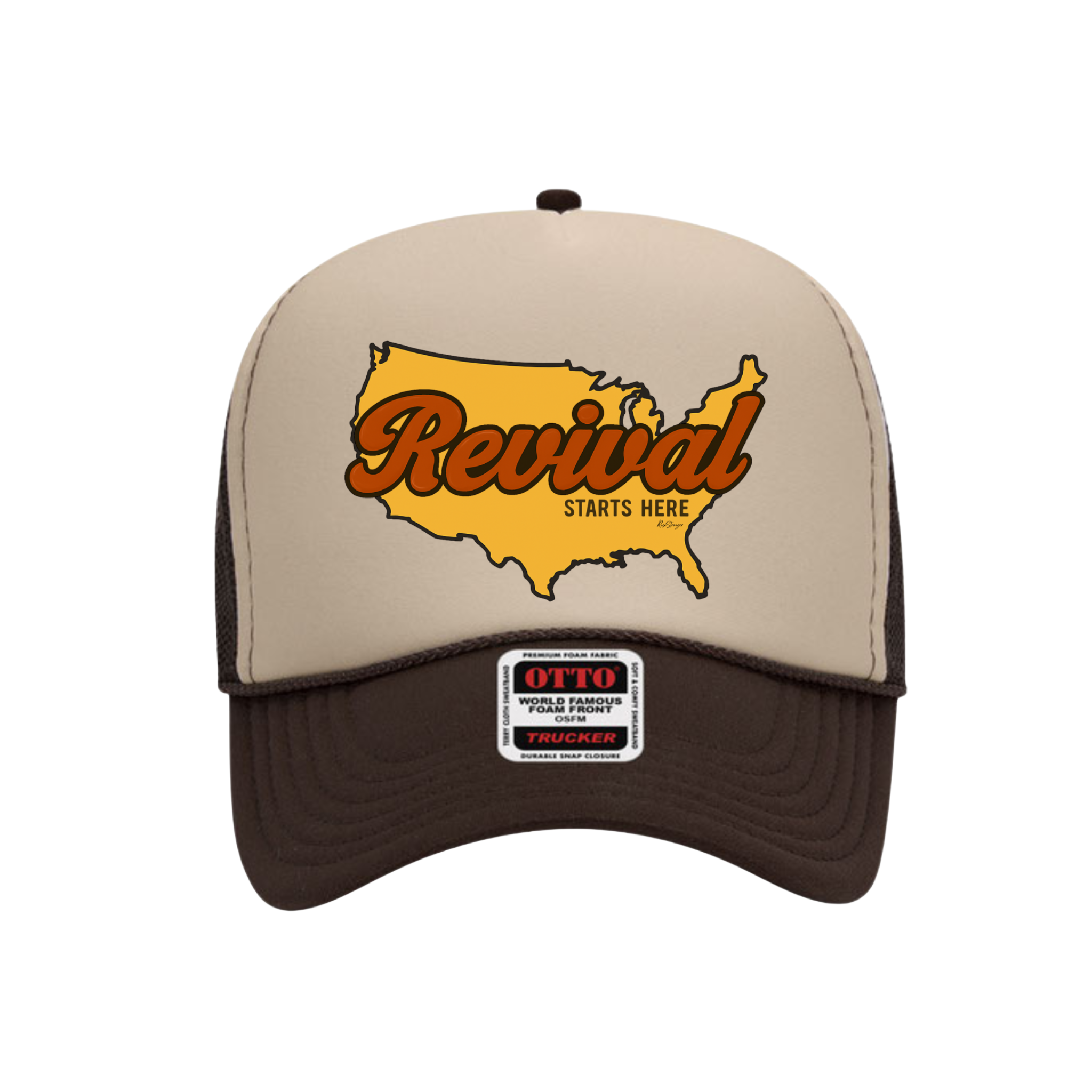 Christian trucker hat in Beige and brown with 'Revival Starts Here' overlaying the USA