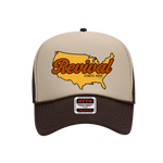 Christian trucker hat in Beige and brown with 'Revival Starts Here' overlaying the USA