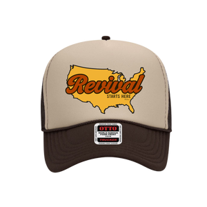Christian trucker hat in Beige and brown with 'Revival Starts Here' overlaying the USA