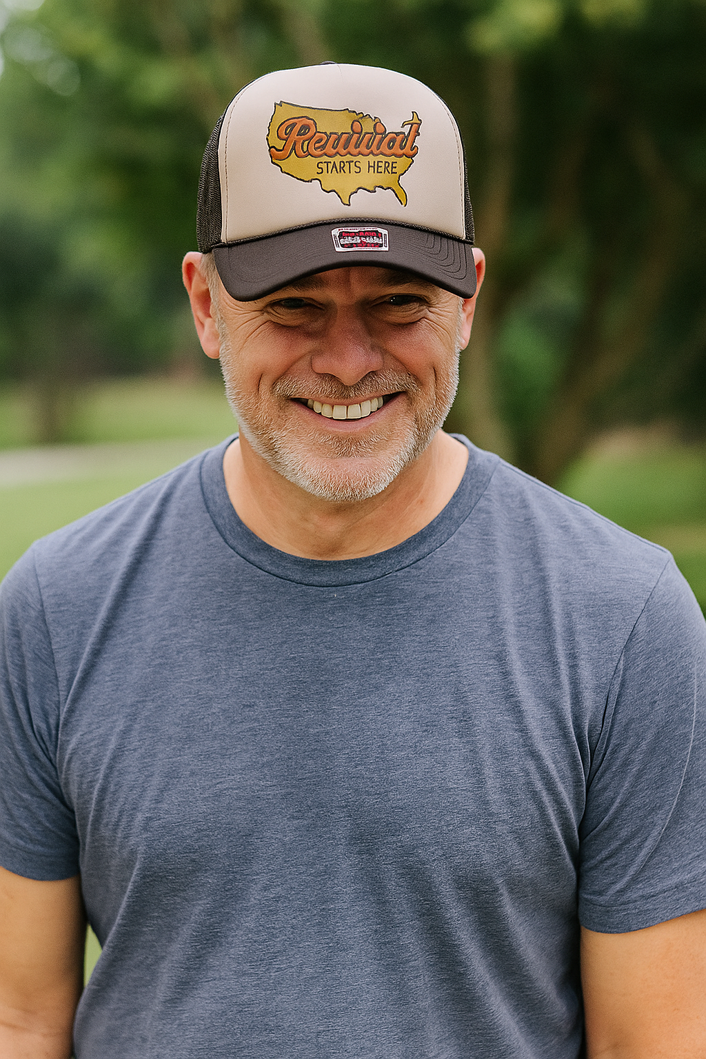 Man wearing Revival Starts Here USA foam Christian trucker hat