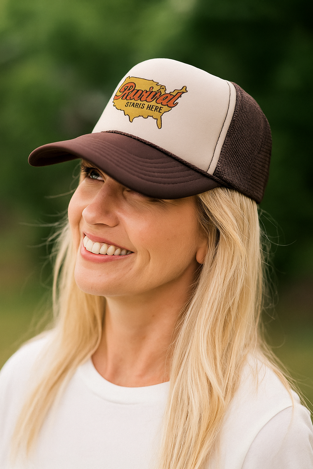 Women wearing USA Revival Starts Here  5-panel foam trucker hat