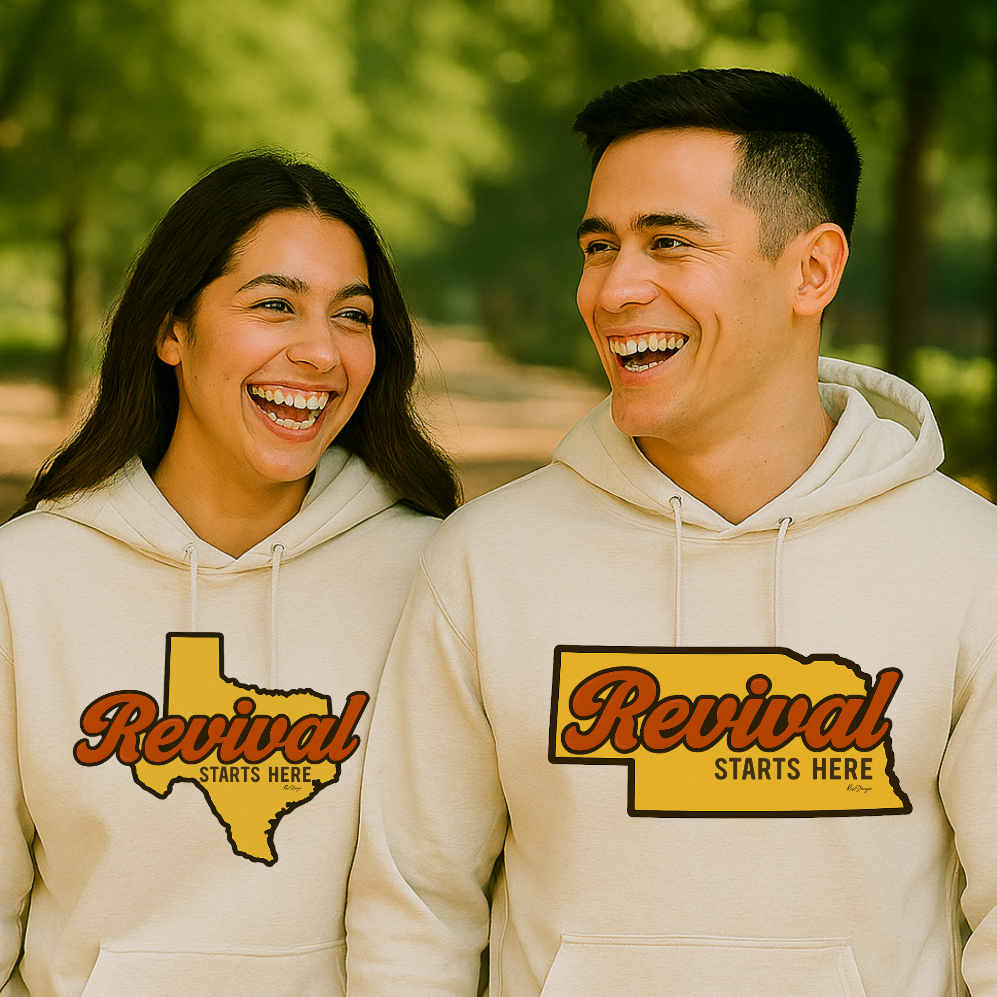 Christian couple wearing 'Revival Starts Here' hoodies, one with the state of Texas on the front and the other with Nebraska.