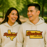 Christian couple wearing 'Revival Starts Here' hoodies, one with the state of Texas on the front and the other with Nebraska.