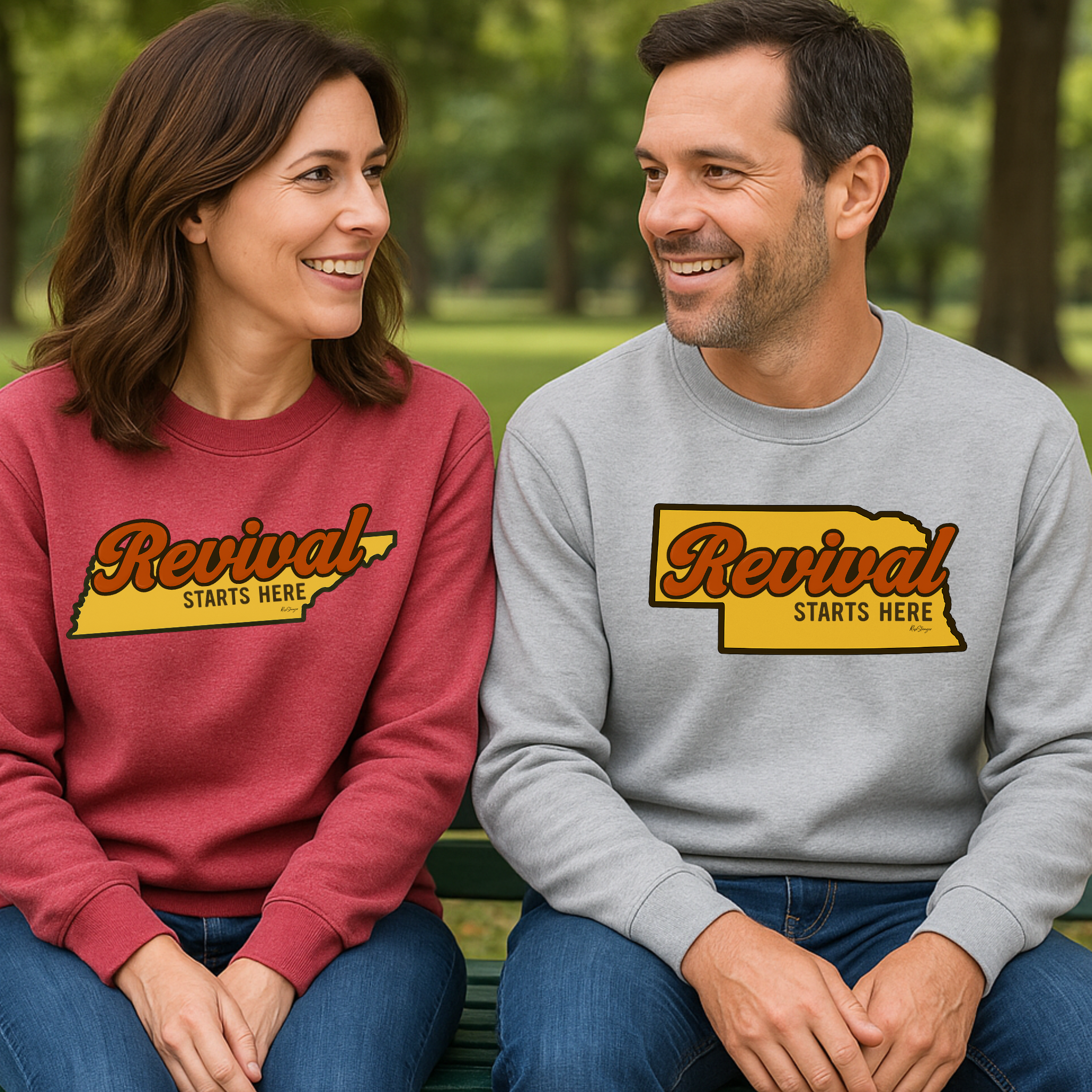 Christian couple sitting and wearing crewneck sweatshirts with 'Revival Starts Here' overlaying the state of Tennessee and the state of Nebraska.