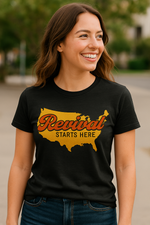 Woman wearing a Christian revival shirt with USA design