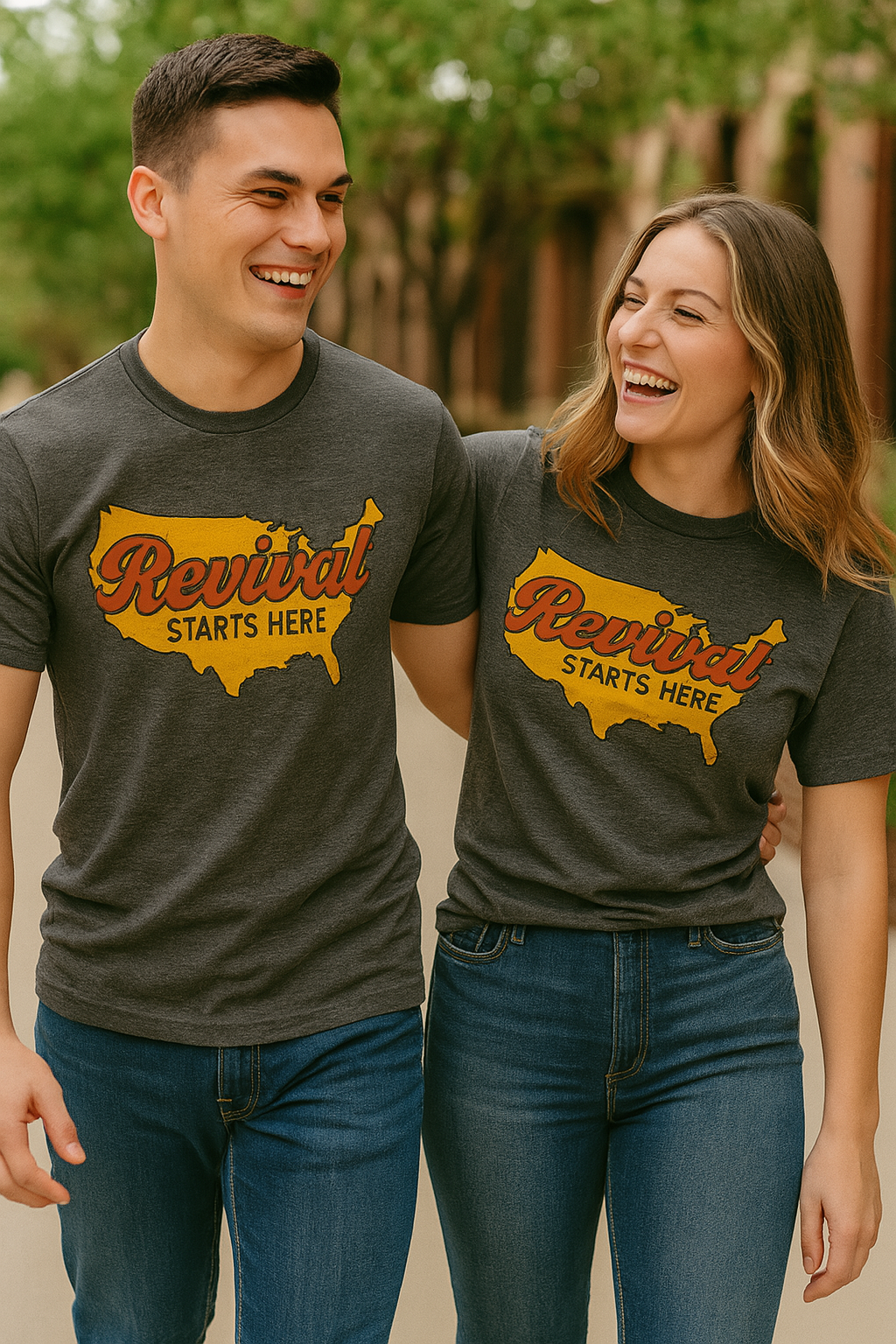 Young couple wearing classic Christian tee with Revival Starts Here overlaying the USA