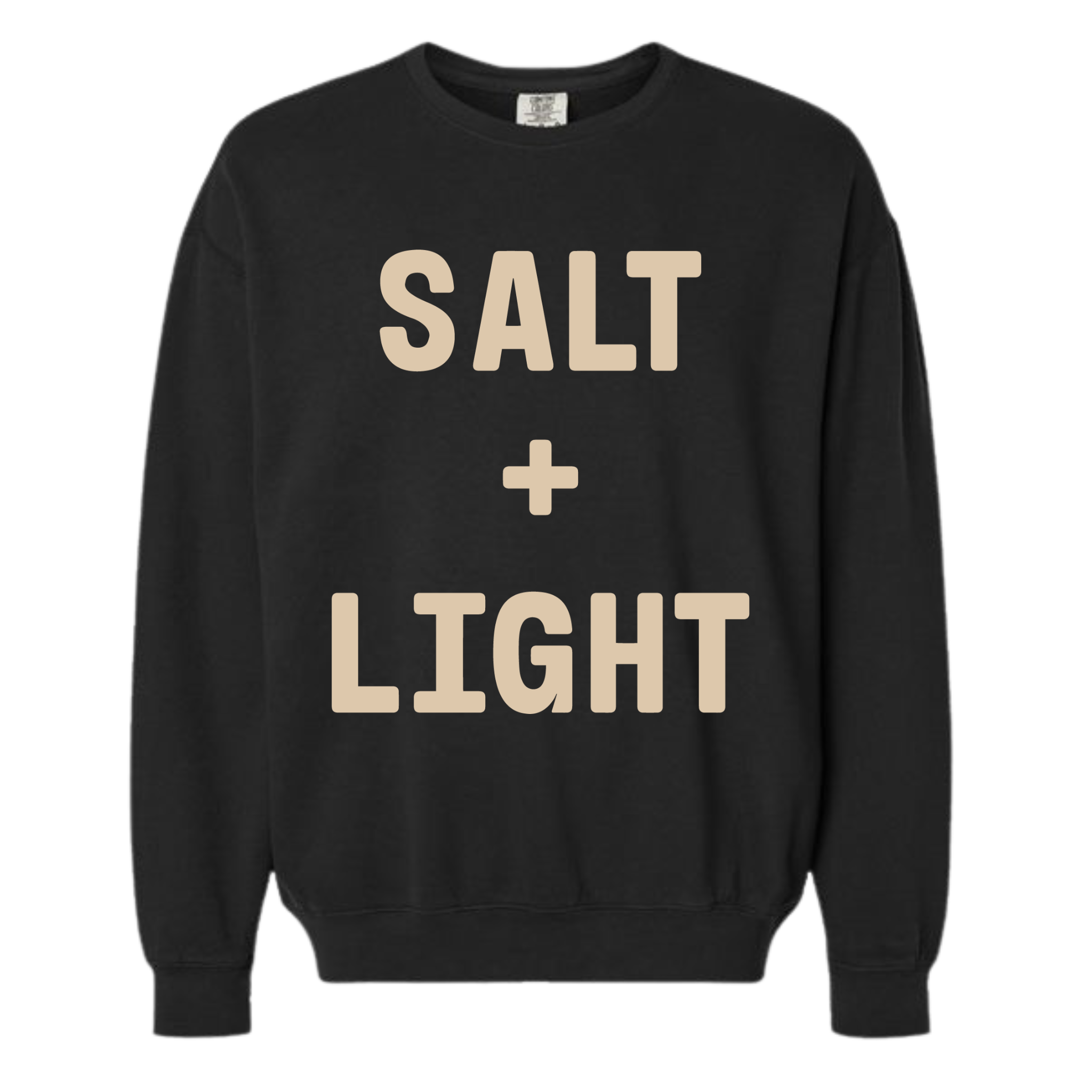 Black 'SALT + LIGHT' crewneck sweatshirt.