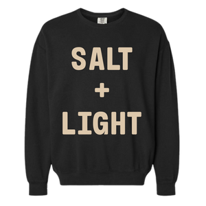 Black 'SALT + LIGHT' crewneck sweatshirt.