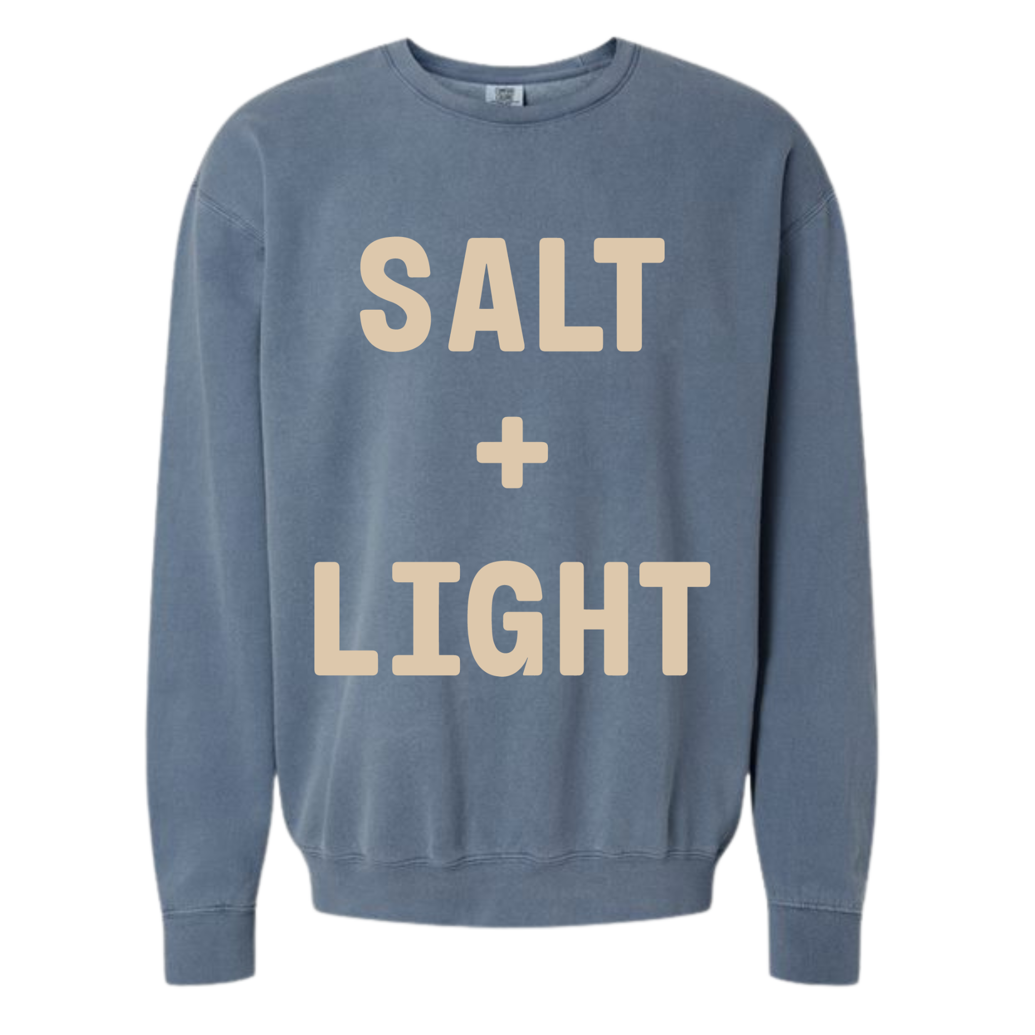 Blue Jean colored 'SALT + LIGHT' crewneck sweatshirt.
