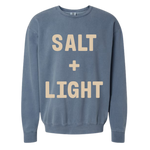 Blue Jean colored 'SALT + LIGHT' crewneck sweatshirt.