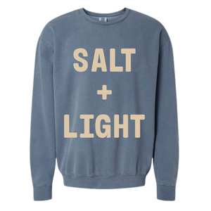 Blue Jean colored 'SALT + LIGHT' crewneck sweatshirt.