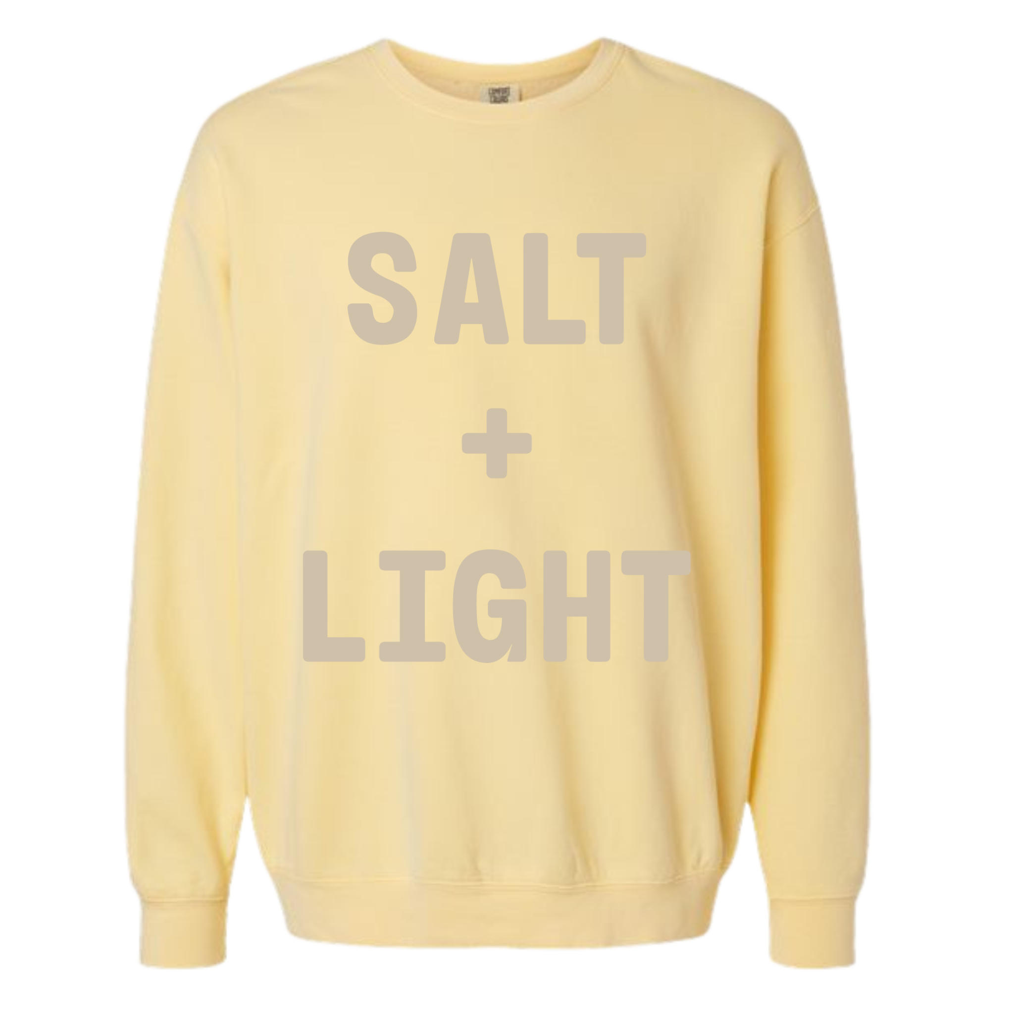 Yellow 'SALT + LIGHT' crewneck sweatshirt.