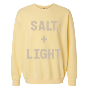 Yellow 'SALT + LIGHT' crewneck sweatshirt.