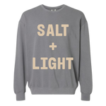 Grey 'SALT + LIGHT' crewneck sweatshirt.