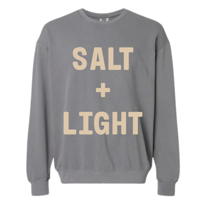 Grey 'SALT + LIGHT' crewneck sweatshirt.