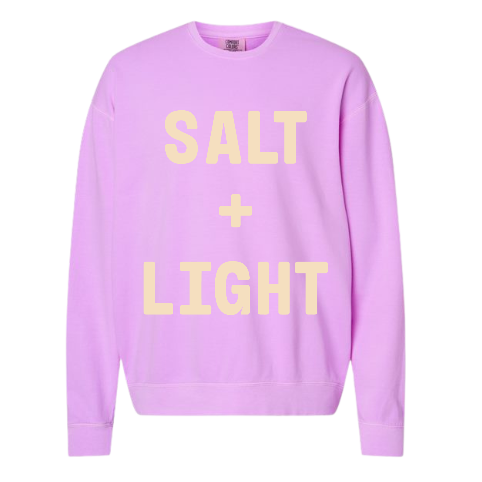 Neon Violet colored 'SALT + LIGHT' crewneck sweatshirt.