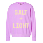 Neon Violet colored 'SALT + LIGHT' crewneck sweatshirt.