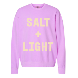 Neon Violet colored 'SALT + LIGHT' crewneck sweatshirt.