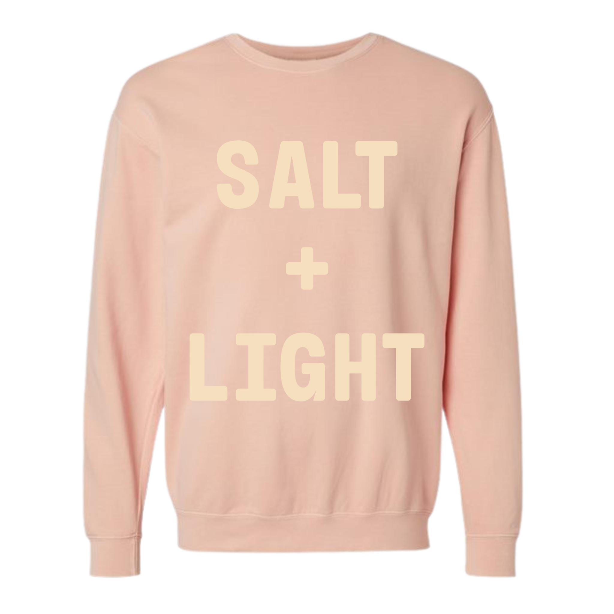 Peach colored 'SALT + LIGHT' crewneck sweatshirt.