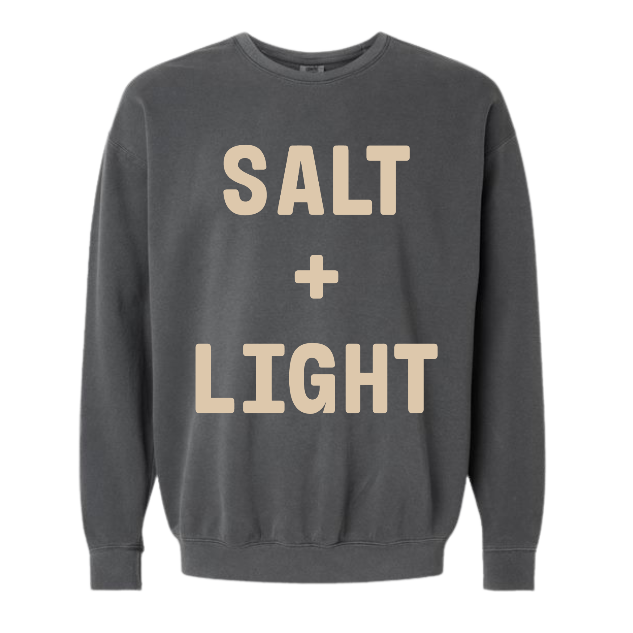Dark grey 'SALT + LIGHT' crewneck sweatshirt.