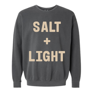 Dark grey 'SALT + LIGHT' crewneck sweatshirt.