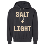 Black Christian hoodie with 'SALT + LIGHT' text.