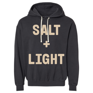 Black Christian hoodie with 'SALT + LIGHT' text.