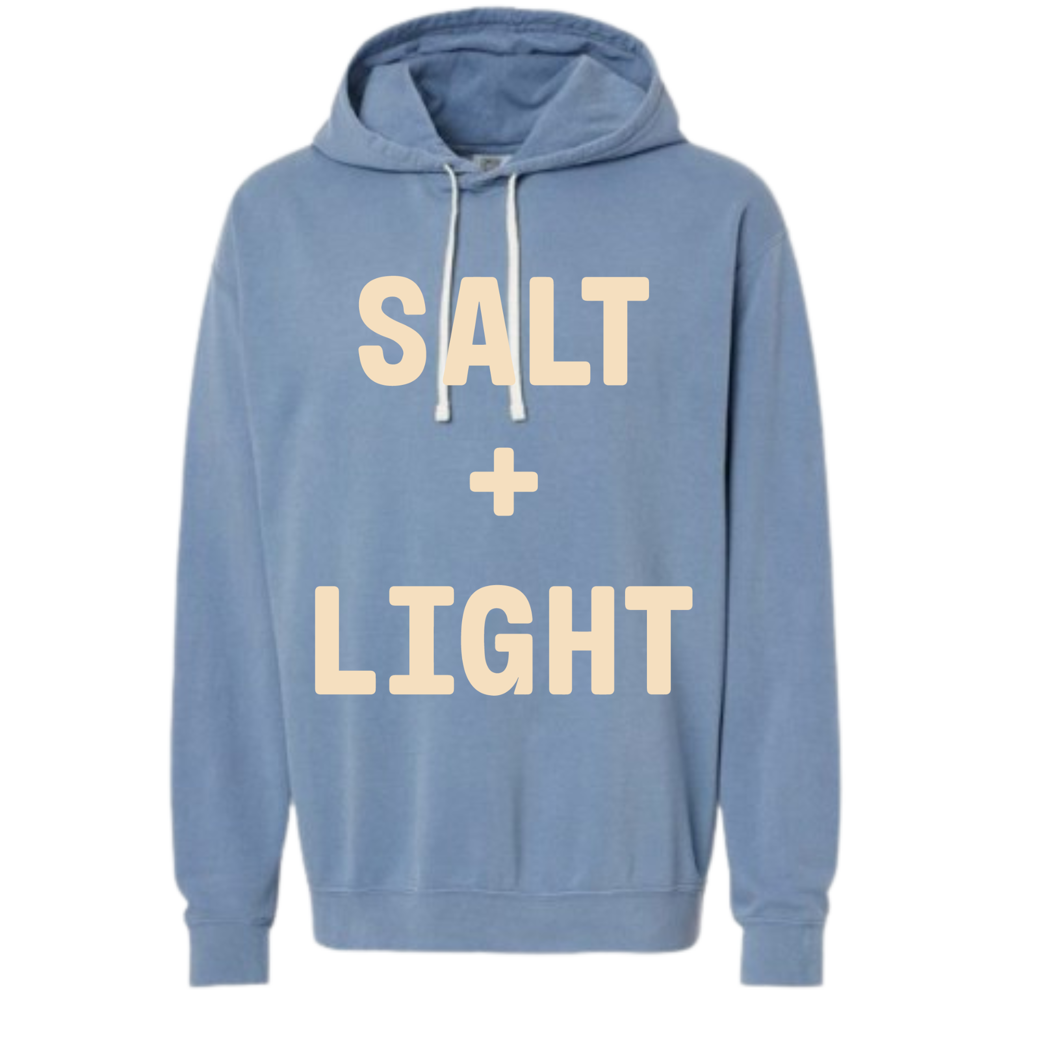 Blue Christian hoodie with 'Salt + Light' text on the front in cream color.