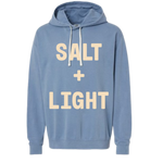 Blue Christian hoodie with 'Salt + Light' text on the front in cream color.